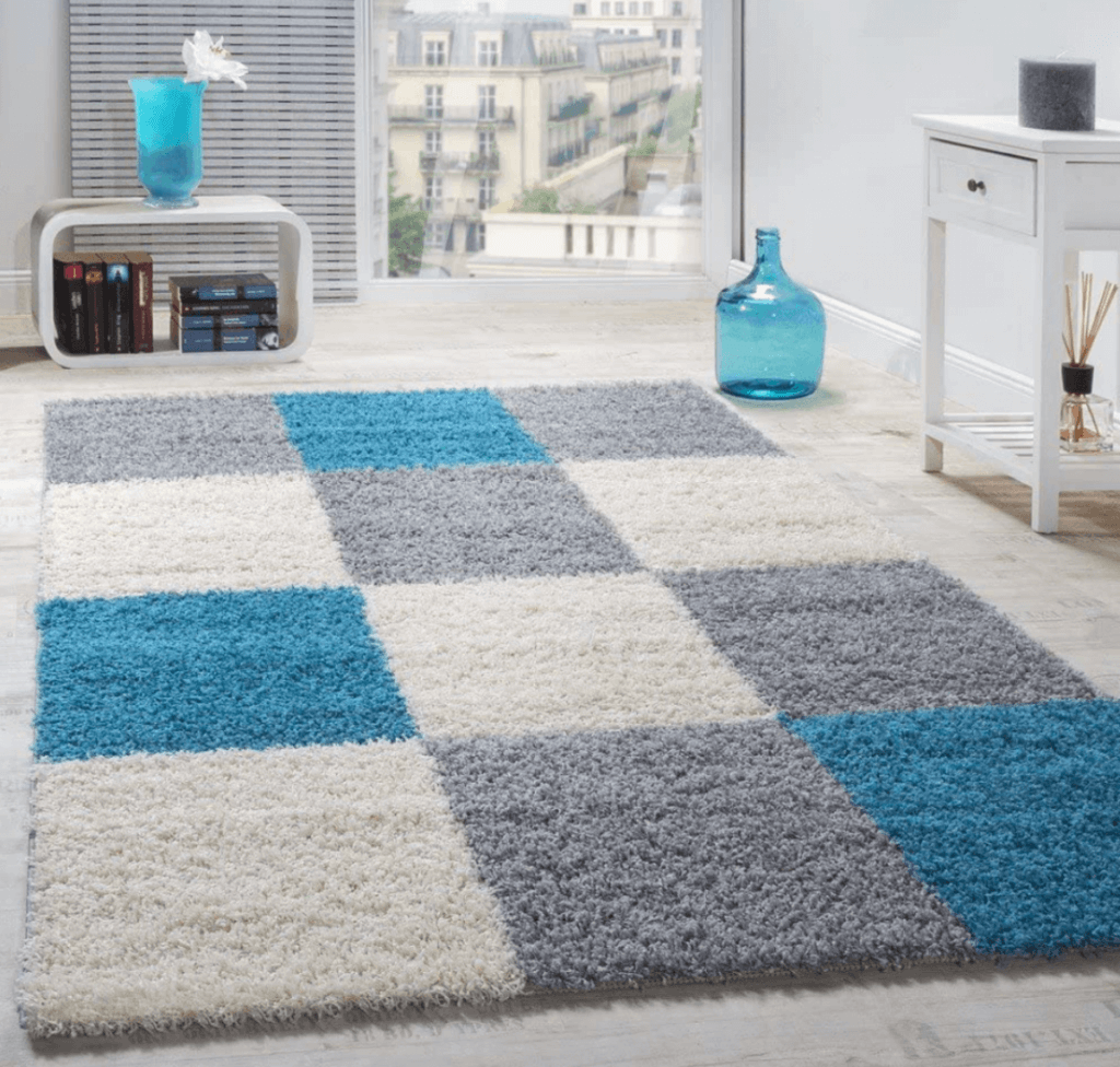 A high-pile shaggy rug with a geometric design.