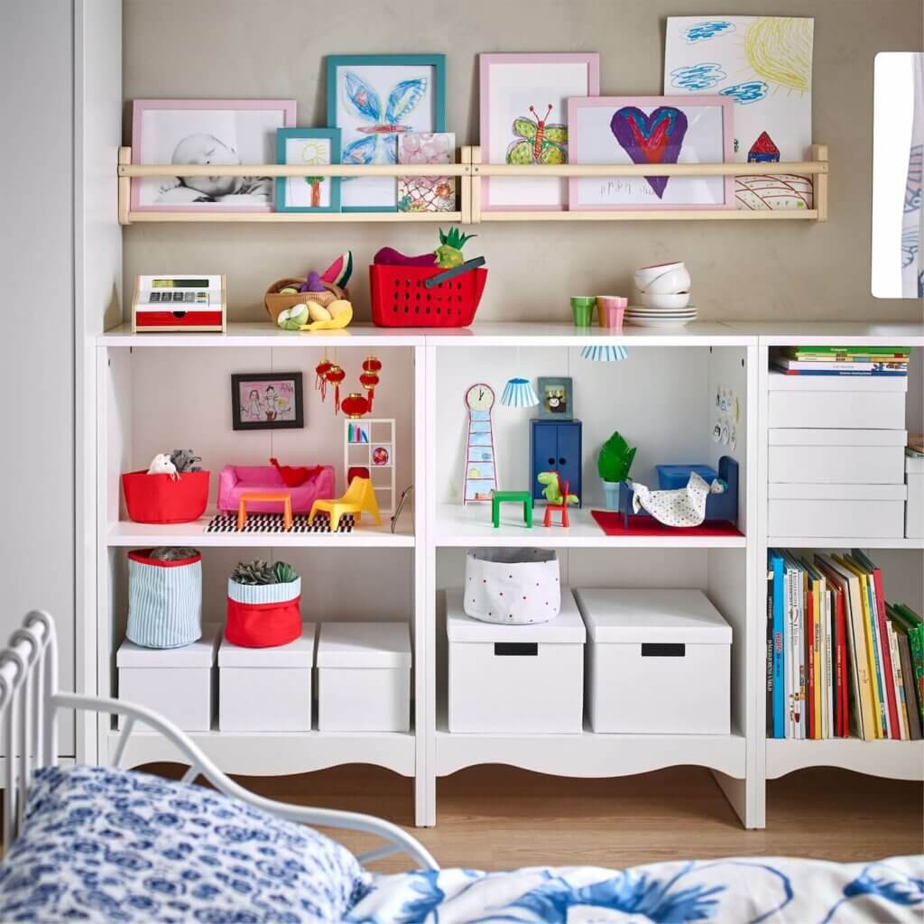 Build a bookshelf for your children's artwork, toys, and books.