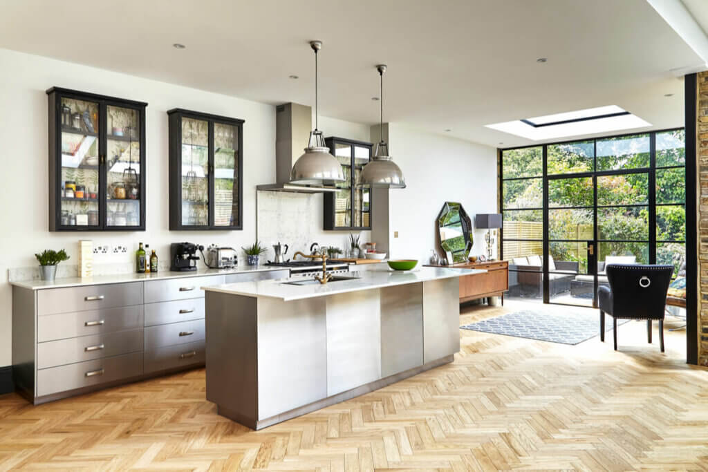 The aesthetic effect of a skylight in a bright kitchen.