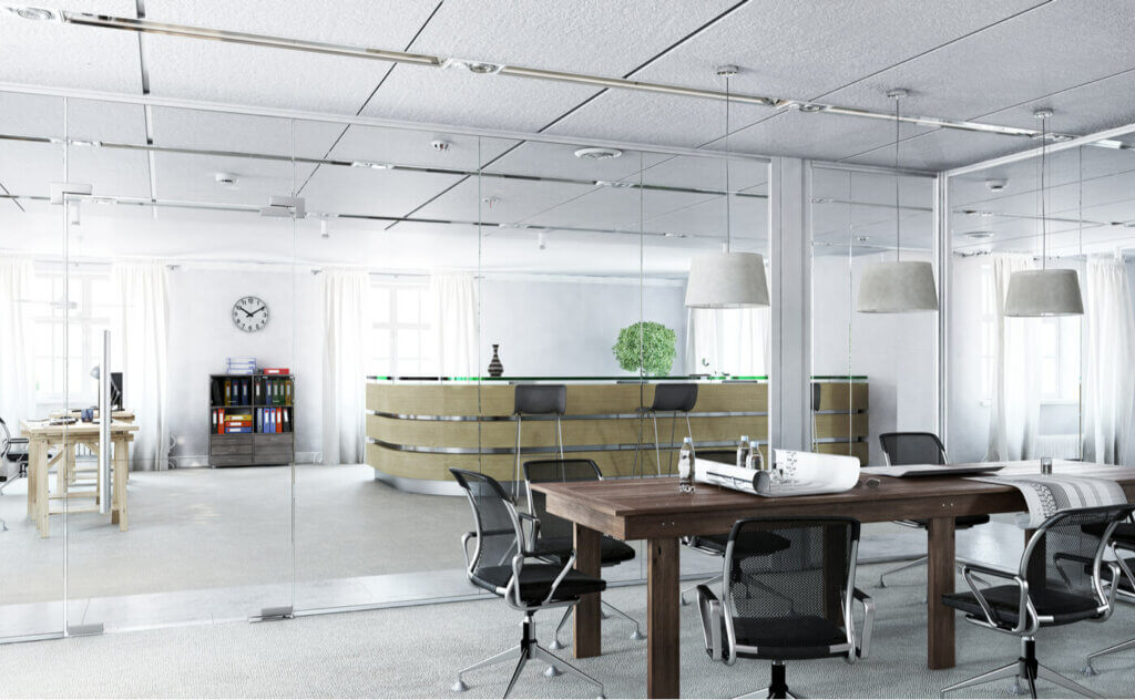 An office with interior windows.