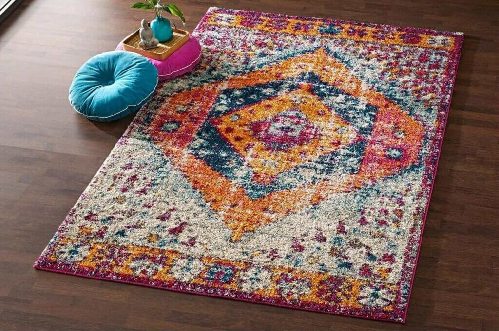 A faded multicolored rug.