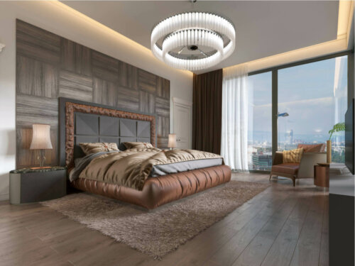 A bedroom with sustainable lighting.