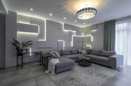 A living room with some soft back lighting.