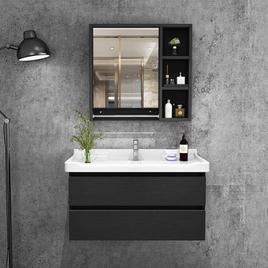 Black and modern wall-mounted washbasin cabinet.