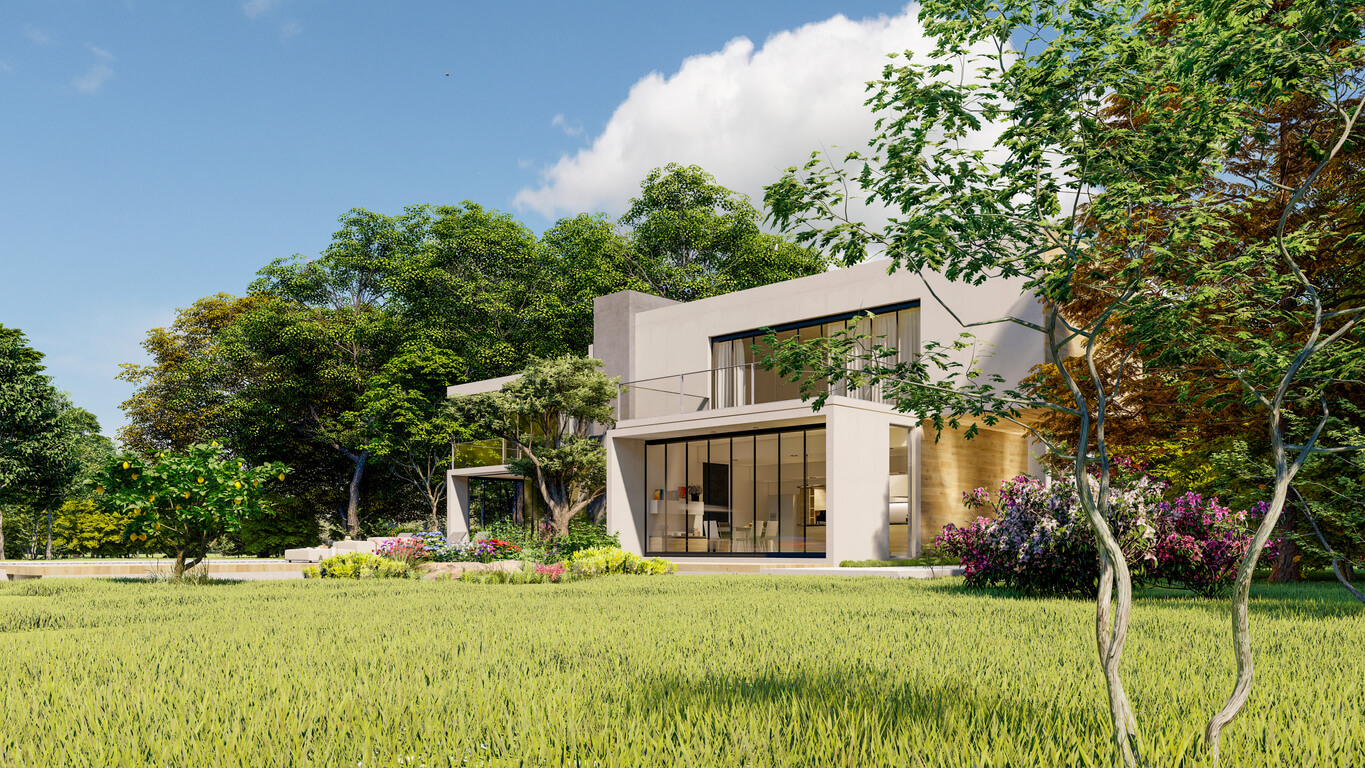 3D rendering of a hybrid home big contemporary villa with impressive garden and pool, external view overlooking the kitchen
