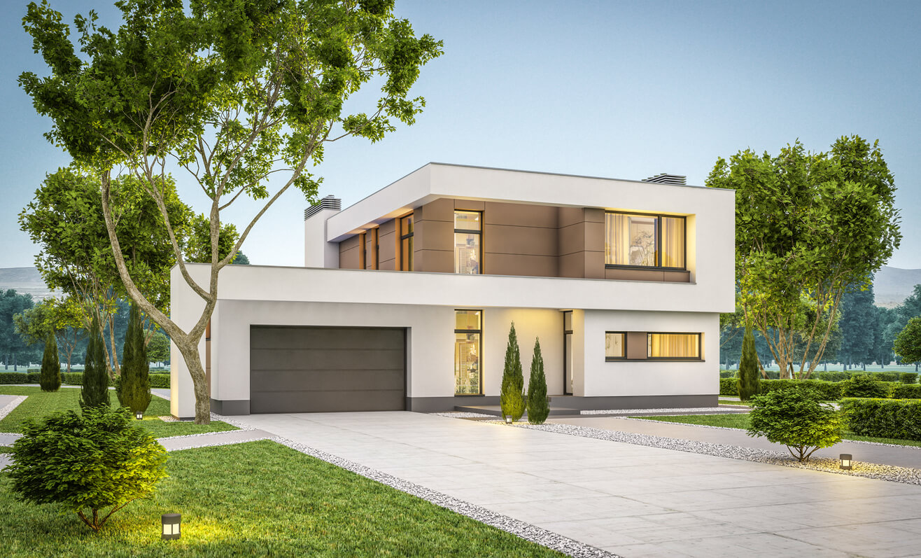 3d rendering of a cozy modern hybrid home with garage for sale or rent with many grass on lawn. Clear summer evening with soft sky. Cozy warm light from window