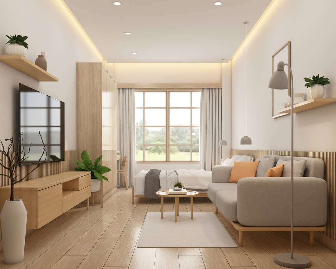 Kleine kamer in minimalistische stijl ingericht met bank en tv-kast, bed en kledingkast in 3D-weergave