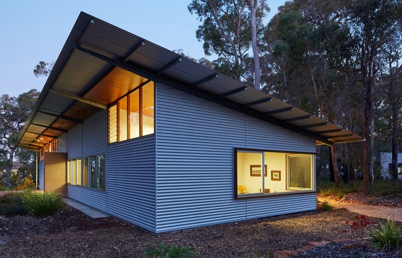 A modern with a corrugated metal facade.
