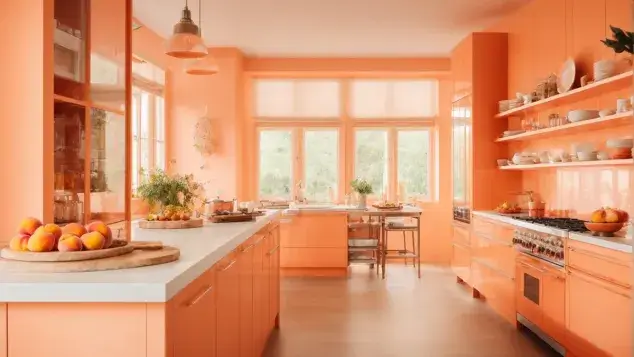 A kitchen with color drenching in the color peach fuzz.