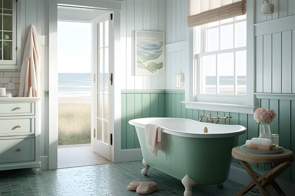 A seafoam green coastal bathroom overlooking the ocean.