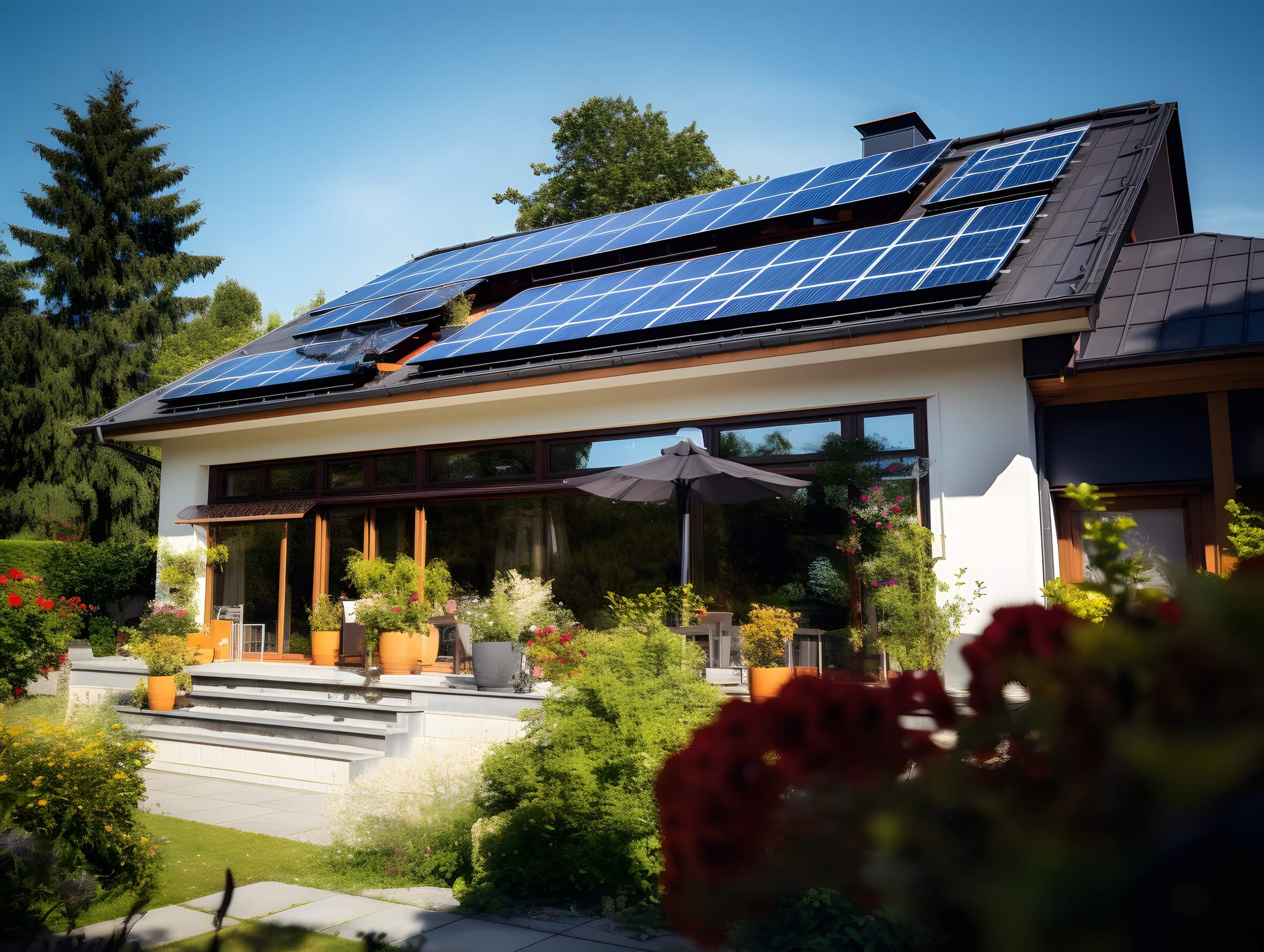A home with solar panels on the roof.